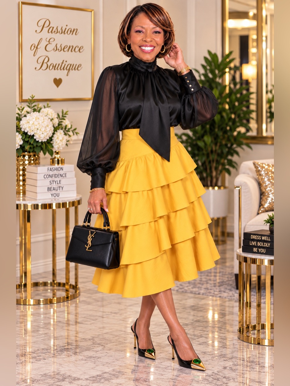 Giovanna Yellow Tiered Ruffle Midi Skirt Size 12 Elegant Church
